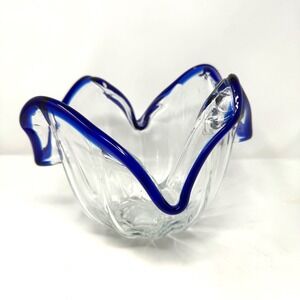 Murano Clear Crystal Cobalt Blue Rim Art Glass Candy Dish Decorative Trinket MCM